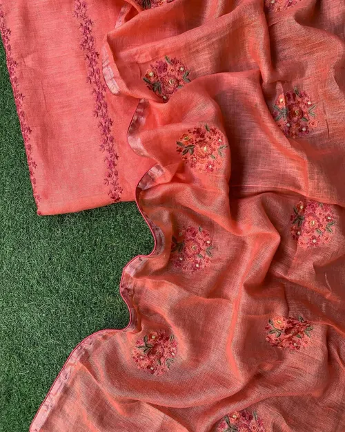 Pure Linen by Linen Floral Embroidery Work Unstitched Top Material with Matching Dupatta – Elegant Summer Wear for Women